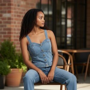 Japna Denim Smocked Button-Front Crop Top